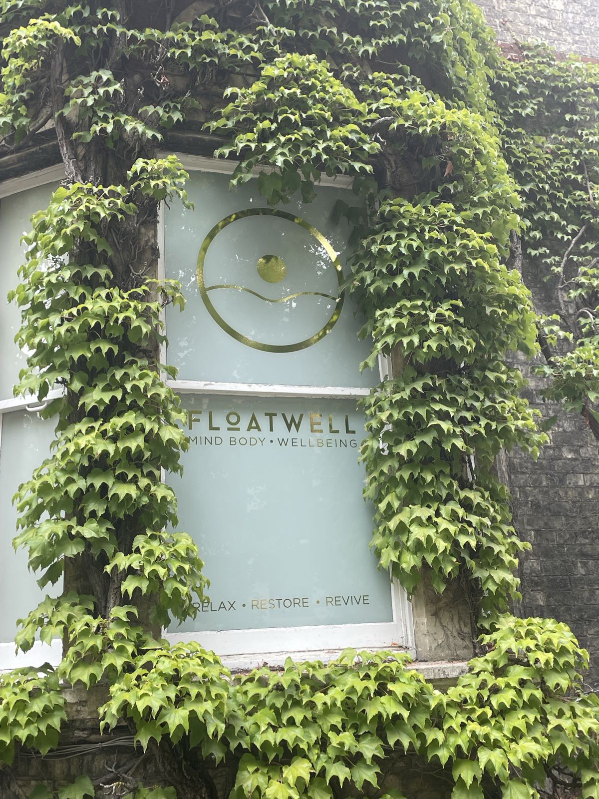 The Floatwell window sign at 6 Salisbury Villas, framed by ivy — relax, restore, revive