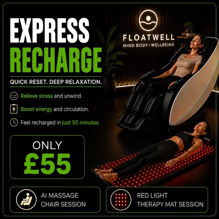 Express Recharge at Floatwell Cambridge — an AI massage chair session and a red light therapy mat session, £55