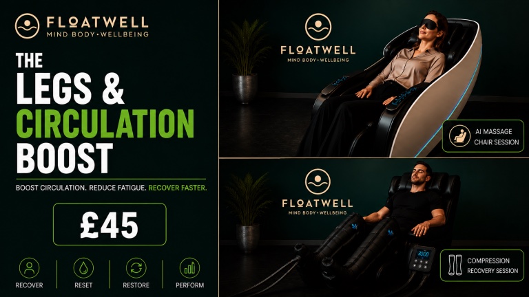 The Legs & Circulation Boost at Floatwell Cambridge — a compression recovery session and an AI massage chair session, £45
