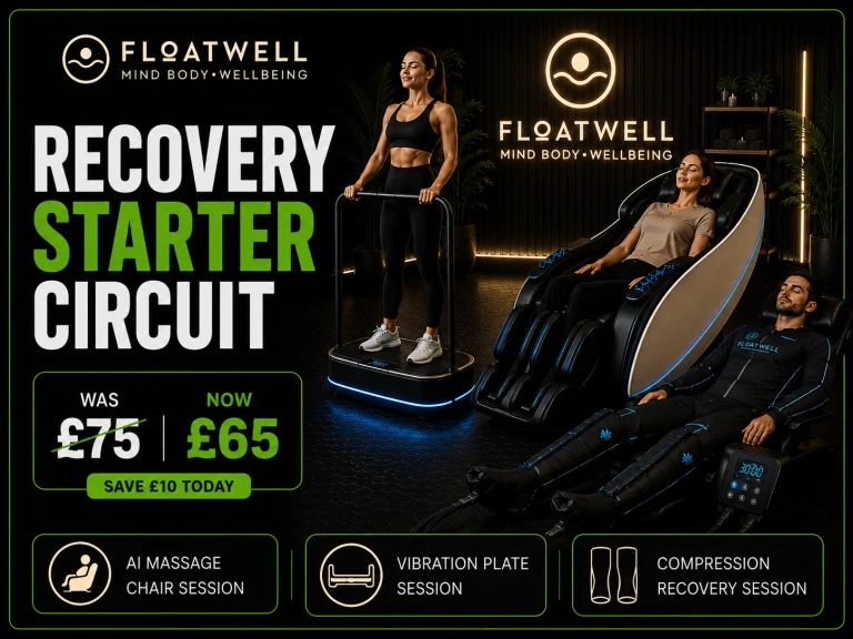 The Recovery Starter Circuit at Floatwell Cambridge — an AI massage chair session, a vibration plate session and a compression recovery session, £65