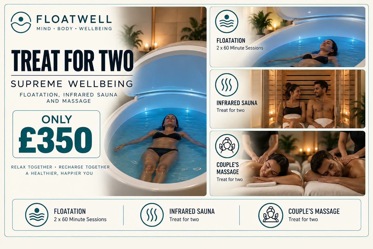 Supreme Wellbeing for two — two 60-minute floats, a shared infrared sauna and a couples massage, £350